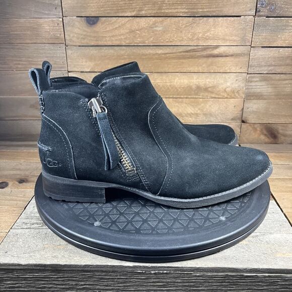 UGG Aureo II Waterproof Zip Ankle-High Boots Booties Black Suede Womens Size 9 - Picture 1 of 10